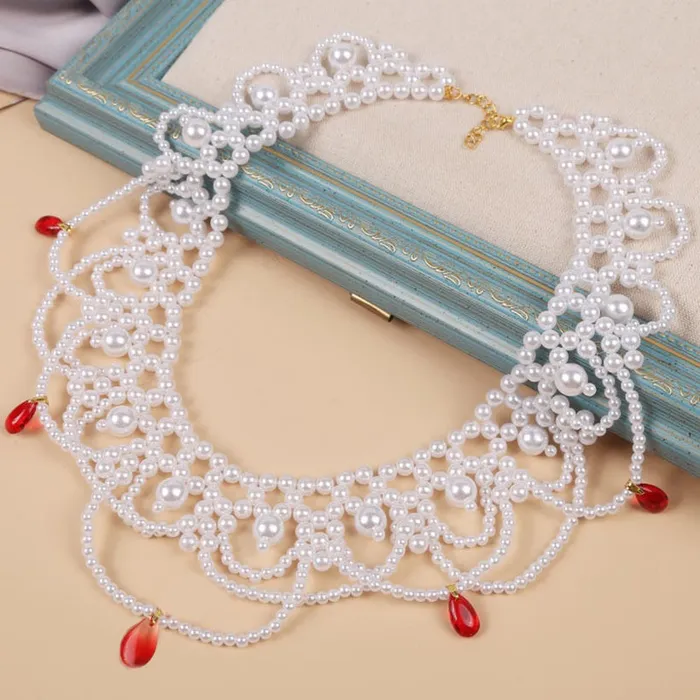 01 Necklaces N1704 Pearl Red Gem Statement Necklace with FREE Earrings