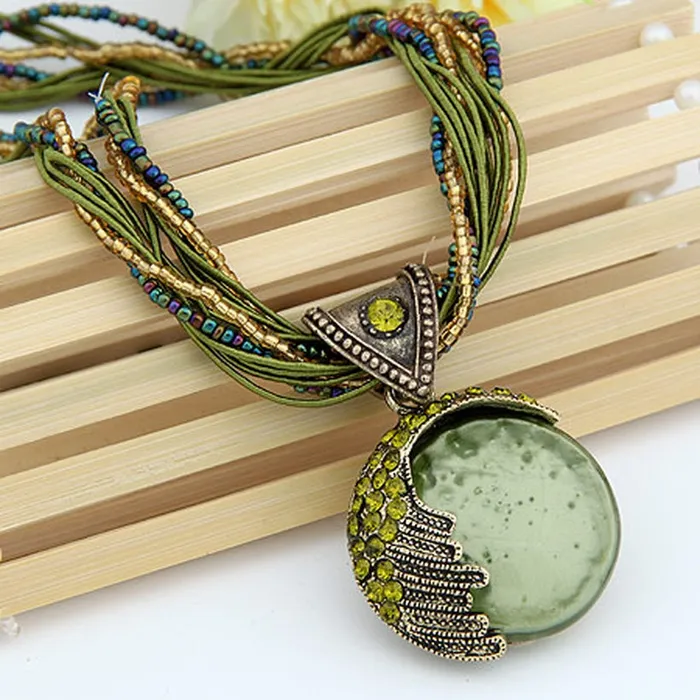 01 Necklaces N2009 Green Gem Seed Bead Cord Necklace with FREE Earrings