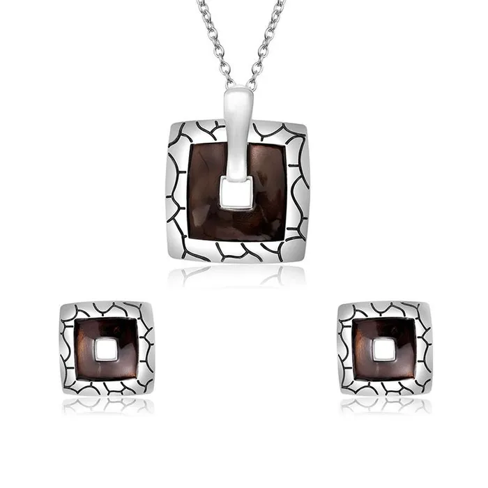 01 Necklaces N2032 Silver Square Dark Brown Necklace with FREE Earrings