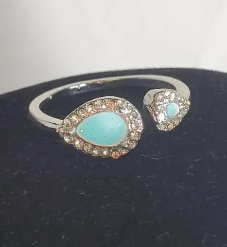 01 Rings R496 Silver Turquoise Sparkle Rhinestone Open Ring
