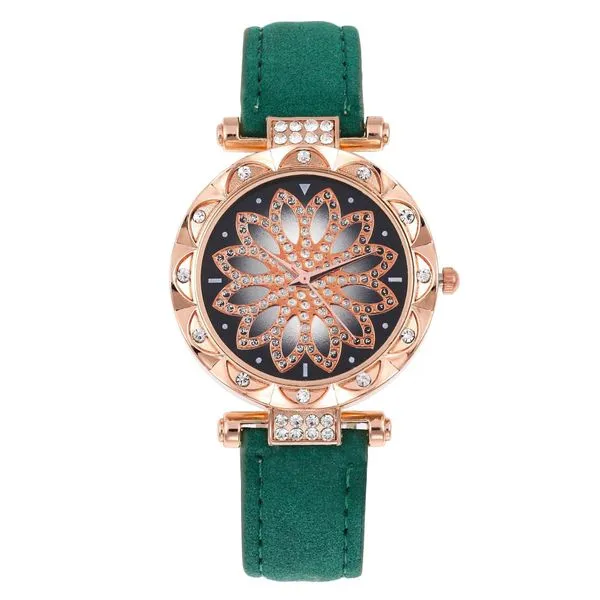 01 Rings W120 Green Band Elegant Flower Collection Quartz Watch