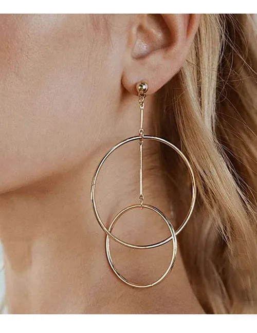 02 E1171 Gold Double Circle Dangle Earrings Earrings