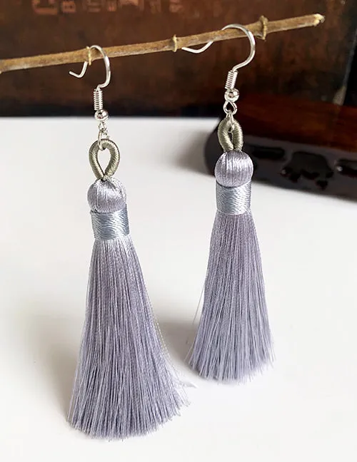 02 Earrings E121 Silver Long Tassel Earrings