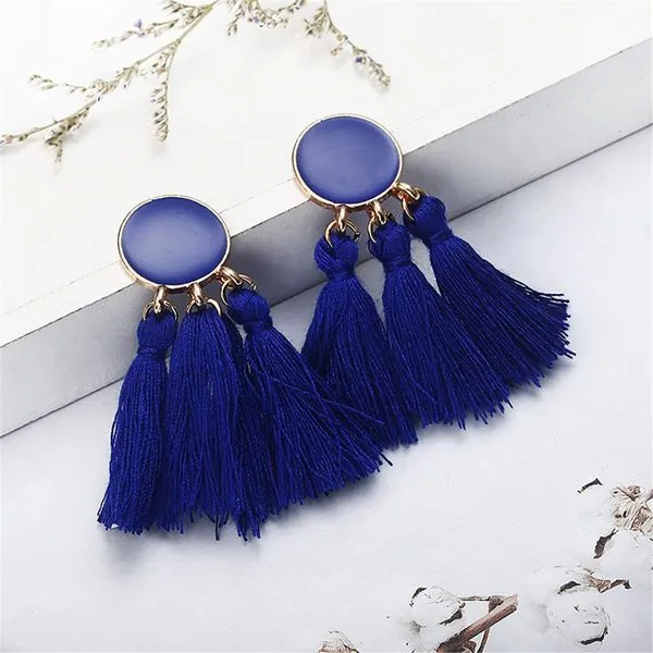 02 Earrings E1347 Royal Blue Baked Enamel Circle Triple Tassel Earrings