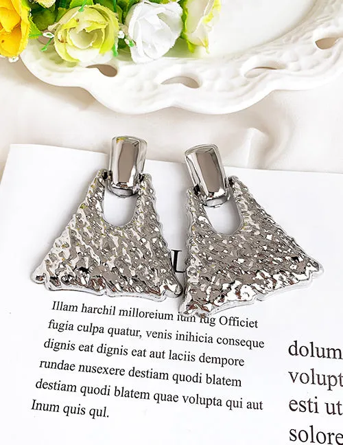 02 Earrings E1795 Silver Textured Irregular Shape Earrings