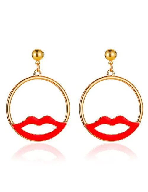 02 Earrings E212 Gold Hoop Red Lips Earrings