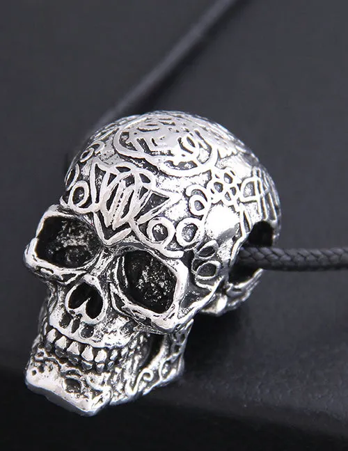 02 Necklaces N983 Silver Decorated Skull on Leather Cord Necklace