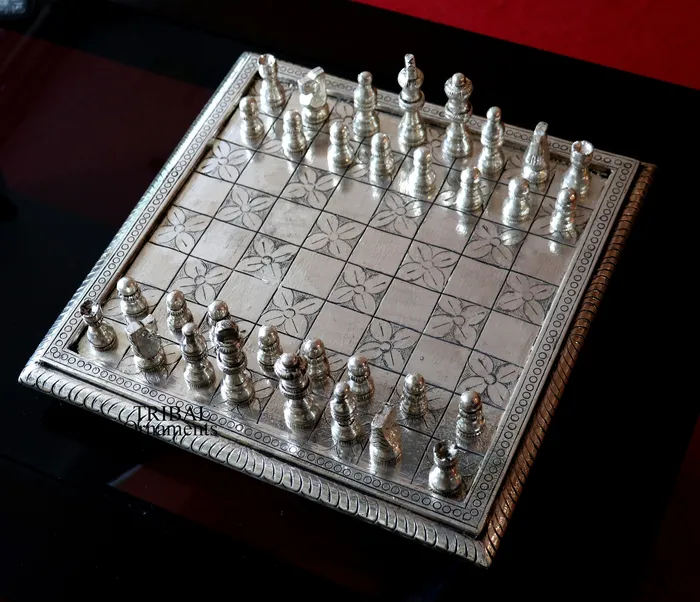 12 x 12 925 sterling silver chessboard Amazing customized handcrafted design on wooden base Amazing Royal silver gift article india sf10 TRIBAL ORNAMENTS Necklaces