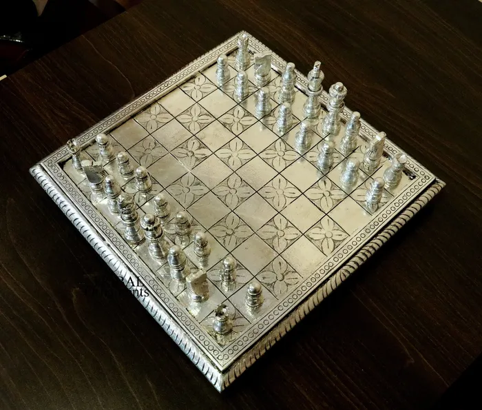12 x 12 925 sterling silver chessboard Amazing customized handcrafted design on wooden base Amazing Royal silver gift article india sf10 TRIBAL ORNAMENTS Necklaces