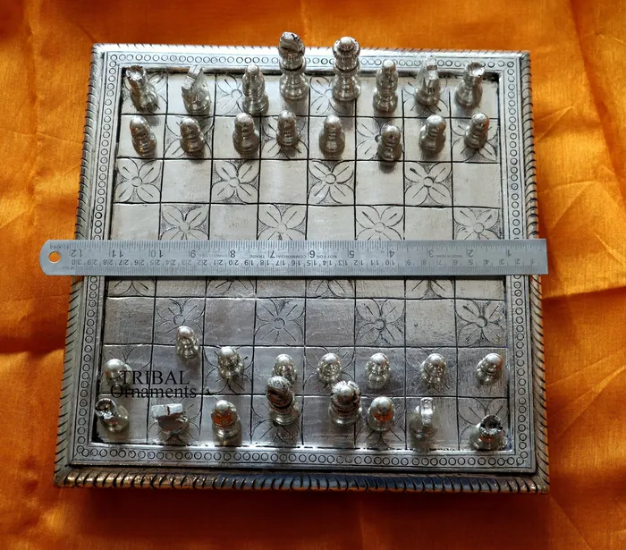 12 x 12 925 sterling silver chessboard Amazing customized handcrafted design on wooden base Amazing Royal silver gift article india sf10 TRIBAL ORNAMENTS Necklaces