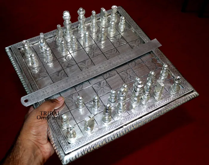 12 x 12 925 sterling silver chessboard Amazing customized handcrafted design on wooden base Amazing Royal silver gift article india sf10 TRIBAL ORNAMENTS Necklaces