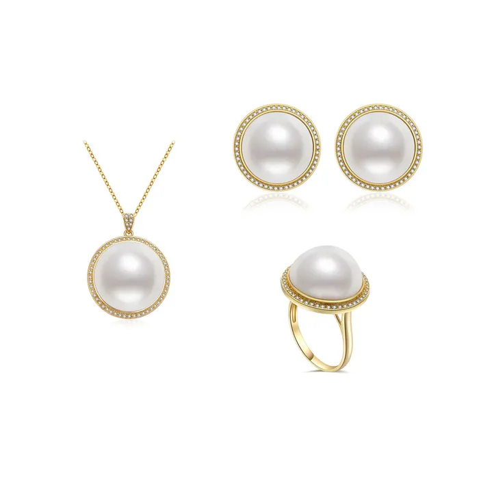 18k Solid Gold Diamond Mabe Pearl Jewelry Set KS00012 Si Dian Jin Pearly Lustre PreStyled Sets