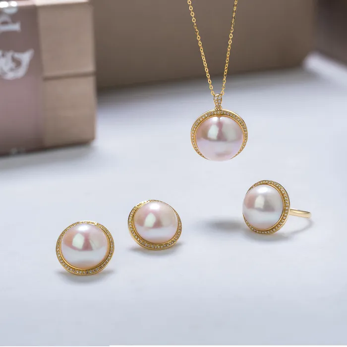 18k Solid Gold Diamond Mabe Pearl Jewelry Set KS00012 Si Dian Jin Pearly Lustre PreStyled Sets