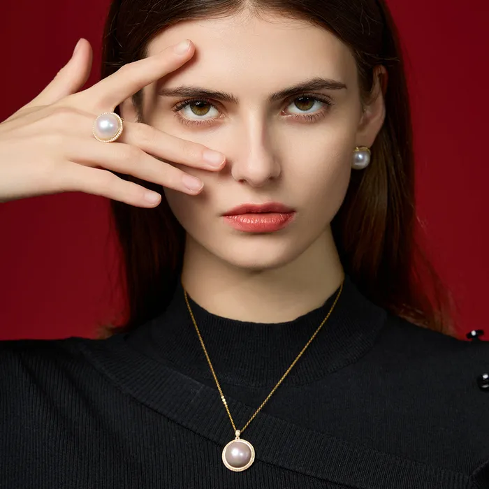 18k Solid Gold Diamond Mabe Pearl Jewelry Set KS00012 Si Dian Jin Pearly Lustre PreStyled Sets