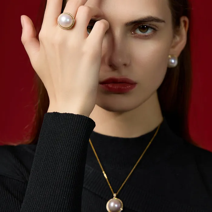 18k Solid Gold Diamond Mabe Pearl Jewelry Set KS00012 Si Dian Jin Pearly Lustre PreStyled Sets