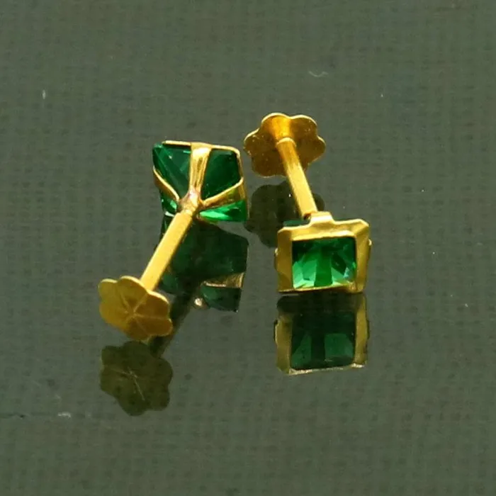 3MM OR 4mm single Green stone 18kt yellow gold handmade square shape fabulous screw back stud earring or nose pin unisex jewelry er121 TRIBAL ORNAMENTS Earrings
