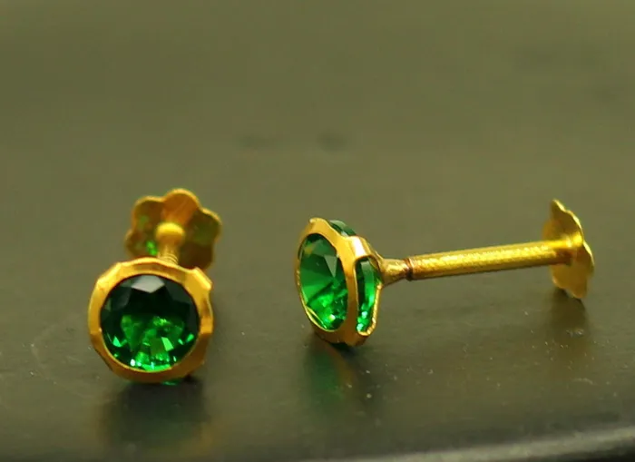 42mm 18k yellow gold handmade fabulous green cubic zircon stone excellent antique vintage design stud earrings pair unisex jewelry er113 TRIBAL ORNAMENTS Earrings
