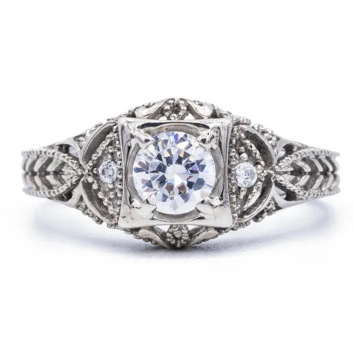 65mm Round Center 14K White Solid Gold Etched Milgrain Antique Design Ring Fire Brilliance Rings 65mm Round Center 14K White Solid Gold Etched Milgrain Antique Design Ring Fire Brilliance Rings