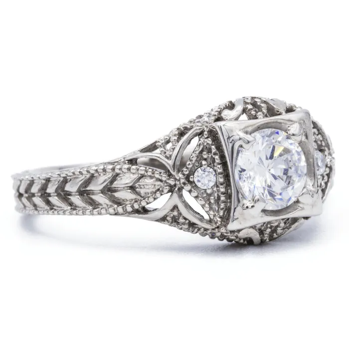 65mm Round Center 14K White Solid Gold Etched Milgrain Antique Design Ring Fire Brilliance Rings