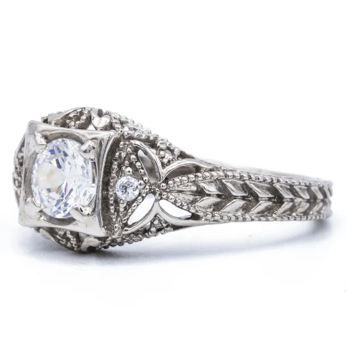 65mm Round Center 14K White Solid Gold Etched Milgrain Antique Design Ring Fire Brilliance Rings
