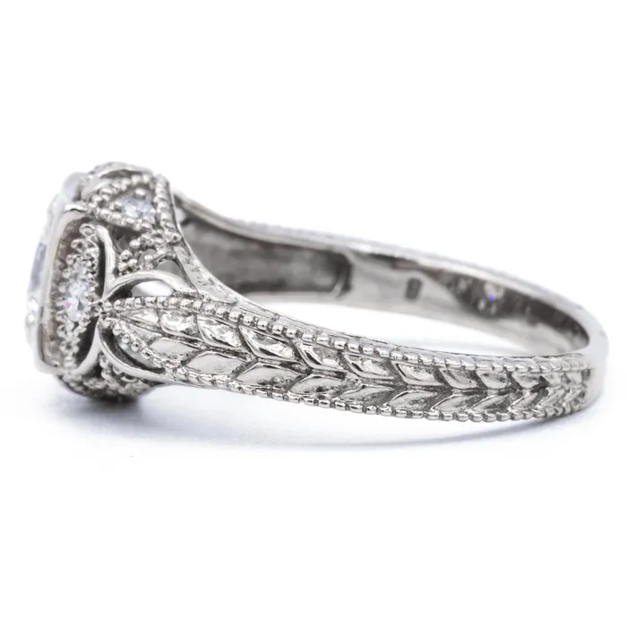 65mm Round Center 14K White Solid Gold Etched Milgrain Antique Design Ring Fire Brilliance Rings
