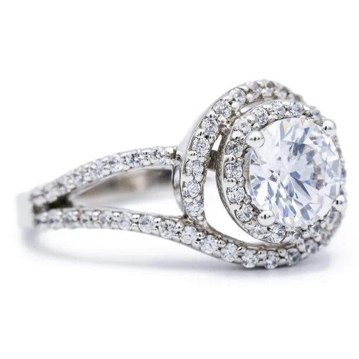 65mm Round Center 14K White Solid Gold Halo Bypass Diamond Shank Design Ring Fire Brilliance Rings