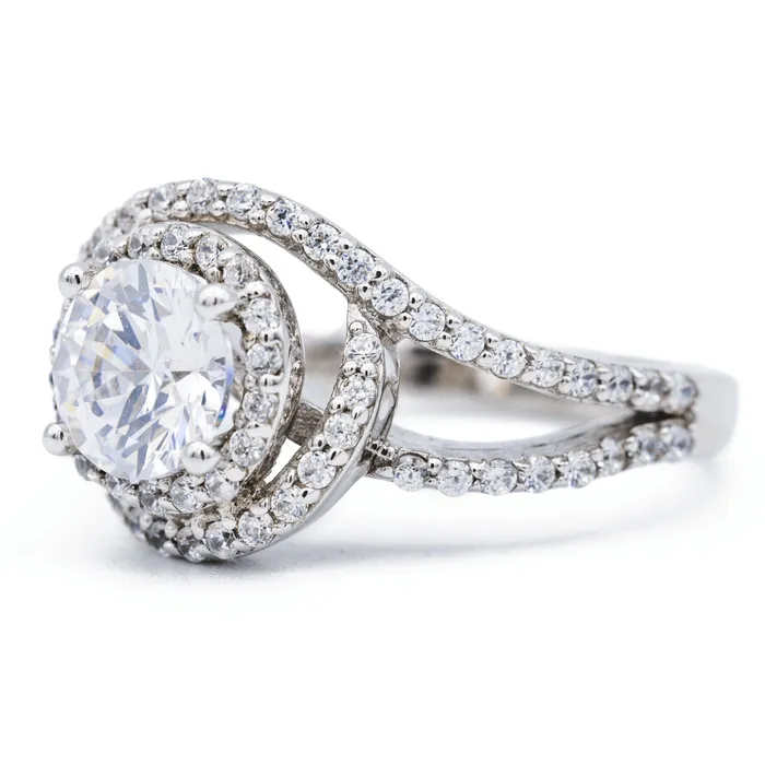 65mm Round Center 14K White Solid Gold Halo Bypass Diamond Shank Design Ring Fire Brilliance Rings