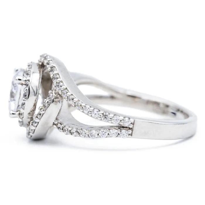 65mm Round Center 14K White Solid Gold Halo Bypass Diamond Shank Design Ring Fire Brilliance Rings