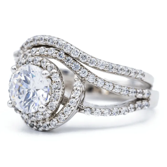 65mm Round Center 14K White Solid Gold Halo Bypass Diamond Shank Design Ring Fire Brilliance Rings