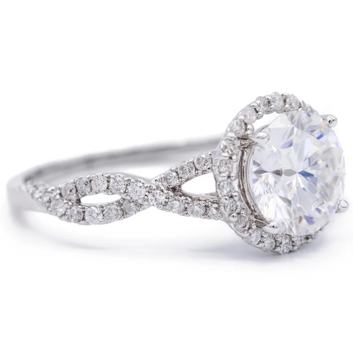 8mm Round Center 14K White Gold Infinity Band Halo MicroPave Diamond Ring Fire Brilliance Rings