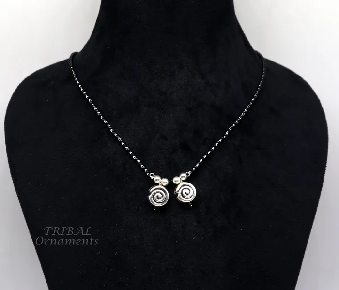 925 sterling silver black beads chain necklace vintage south indian Style pendant traditional style brides Mangalsutra necklace set506 TRIBAL ORNAMENTS Necklaces