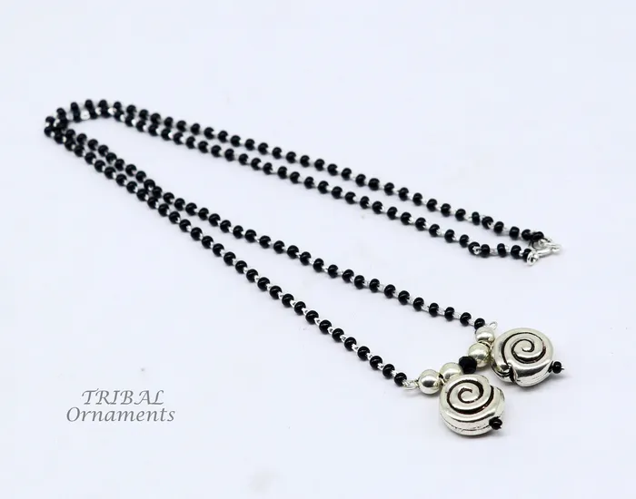 925 sterling silver black beads chain necklace vintage south indian Style pendant traditional style brides Mangalsutra necklace set506 TRIBAL ORNAMENTS Necklaces