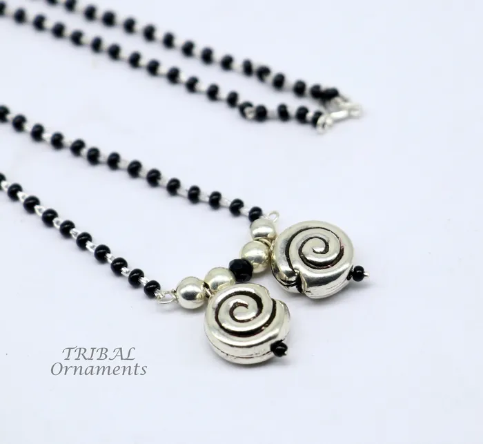 925 sterling silver black beads chain necklace vintage south indian Style pendant traditional style brides Mangalsutra necklace set506 TRIBAL ORNAMENTS Necklaces