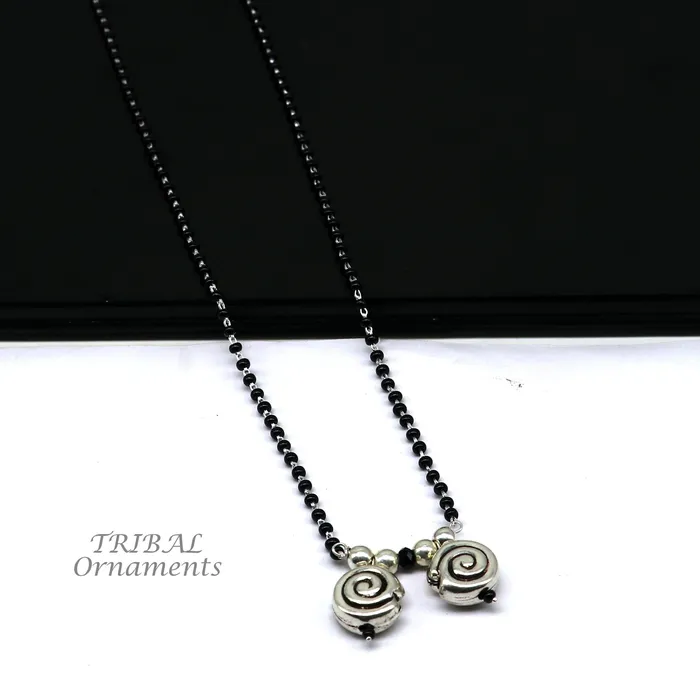 925 sterling silver black beads chain necklace vintage south indian Style pendant traditional style brides Mangalsutra necklace set506 TRIBAL ORNAMENTS Necklaces