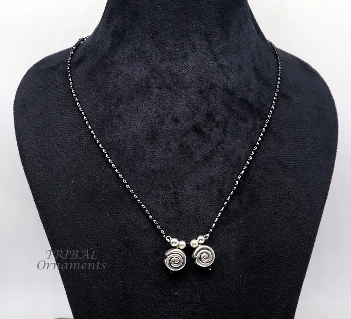 925 sterling silver black beads chain necklace vintage south indian Style pendant traditional style brides Mangalsutra necklace set506 TRIBAL ORNAMENTS Necklaces