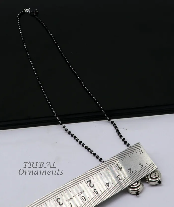 925 sterling silver black beads chain necklace vintage south indian Style pendant traditional style brides Mangalsutra necklace set506 TRIBAL ORNAMENTS Necklaces