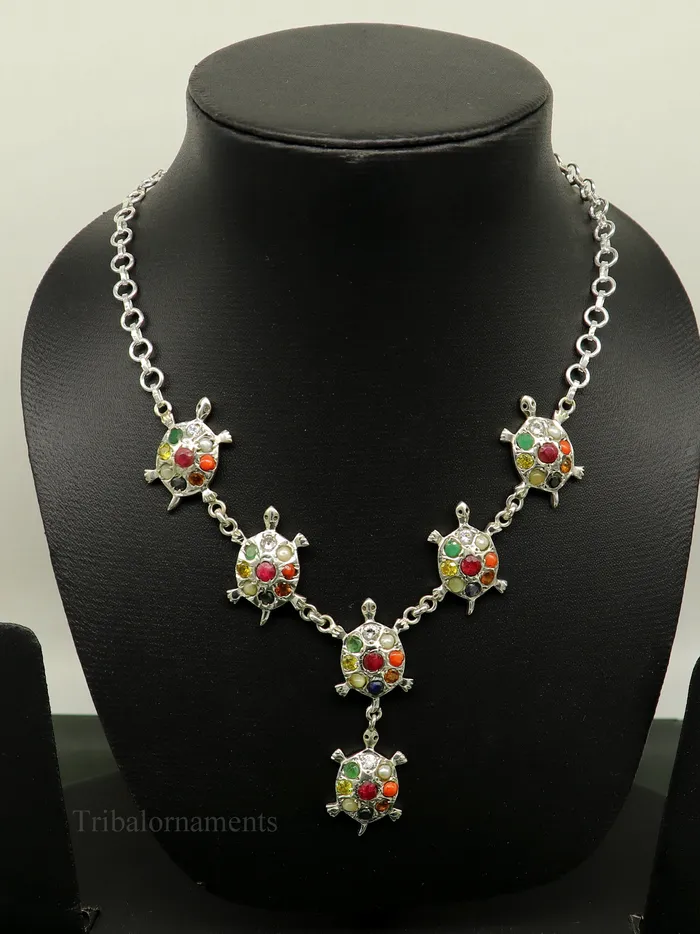 925 sterling silver customized Navratan stone tortoise design necklace best designer stylish tribal ethnic jewelry belly dance nec265 TRIBAL ORNAMENTS Necklaces