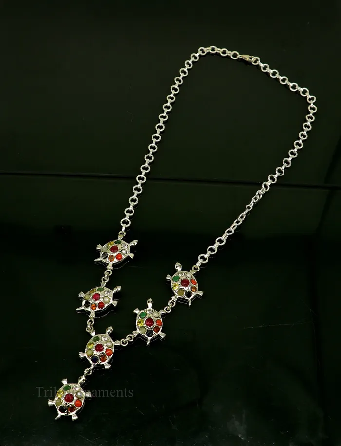 925 sterling silver customized Navratan stone tortoise design necklace best designer stylish tribal ethnic jewelry belly dance nec265 TRIBAL ORNAMENTS Necklaces