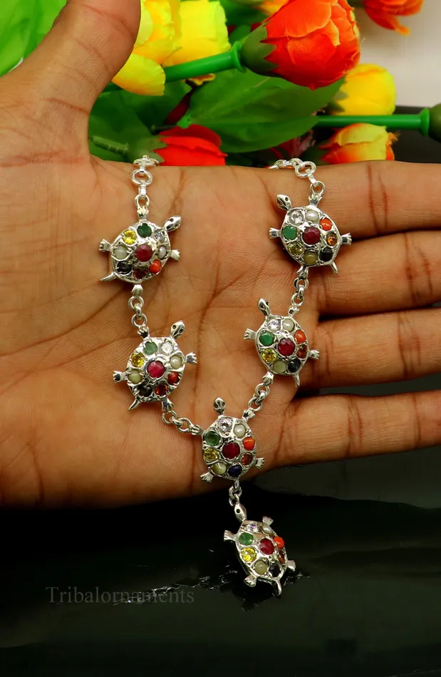 925 sterling silver customized Navratan stone tortoise design necklace best designer stylish tribal ethnic jewelry belly dance nec265 TRIBAL ORNAMENTS Necklaces