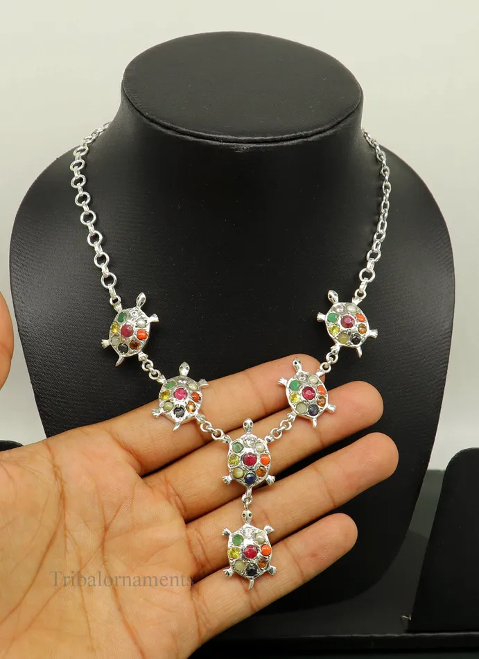 925 sterling silver customized Navratan stone tortoise design necklace best designer stylish tribal ethnic jewelry belly dance nec265 TRIBAL ORNAMENTS Necklaces