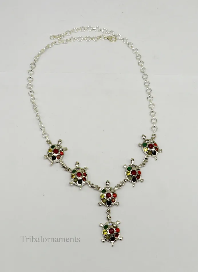 925 sterling silver customized Navratan stone tortoise design necklace best designer stylish tribal ethnic jewelry belly dance nec265 TRIBAL ORNAMENTS Necklaces