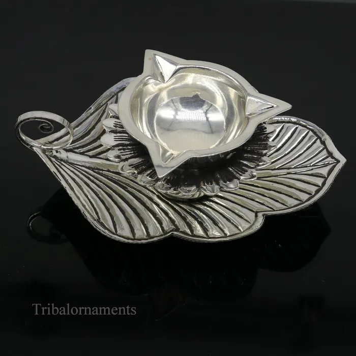 925 sterling silver Divine oil lamp stunning tree leaf vintage design 3 joth lamp best gifting puja utensils or article from India su479 TRIBAL ORNAMENTS Necklaces