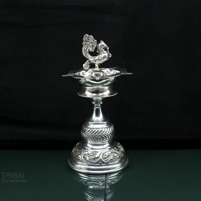 925 sterling silver handcrafted vintage work oil lamp or candle stand silver Deepak silver article puja utensils silver figurine su587 TRIBAL ORNAMENTS Rings