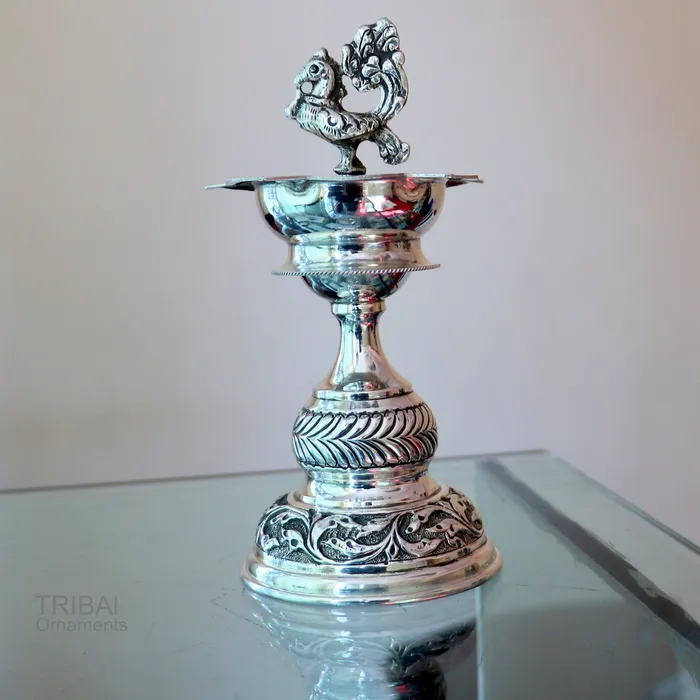 925 sterling silver handcrafted vintage work oil lamp or candle stand silver Deepak silver article puja utensils silver figurine su587 TRIBAL ORNAMENTS Rings