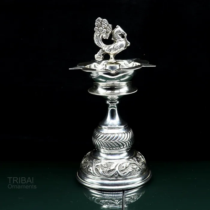 925 sterling silver handcrafted vintage work oil lamp or candle stand silver Deepak silver article puja utensils silver figurine su587 TRIBAL ORNAMENTS Rings