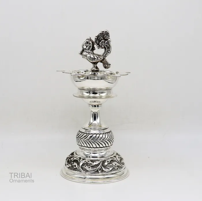 925 sterling silver handcrafted vintage work oil lamp or candle stand silver Deepak silver article puja utensils silver figurine su587 TRIBAL ORNAMENTS Rings