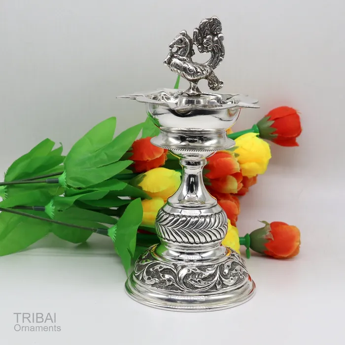 925 sterling silver handcrafted vintage work oil lamp or candle stand silver Deepak silver article puja utensils silver figurine su587 TRIBAL ORNAMENTS Rings