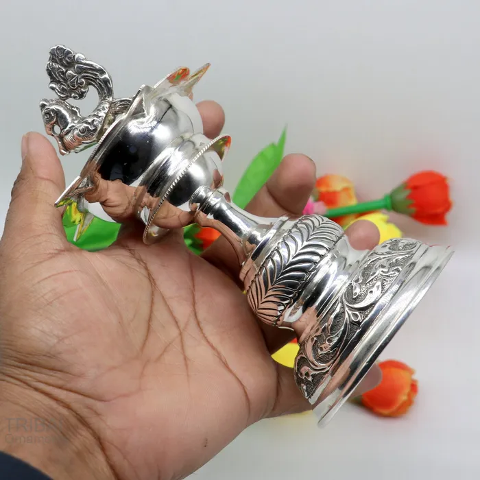 925 sterling silver handcrafted vintage work oil lamp or candle stand silver Deepak silver article puja utensils silver figurine su587 TRIBAL ORNAMENTS Rings