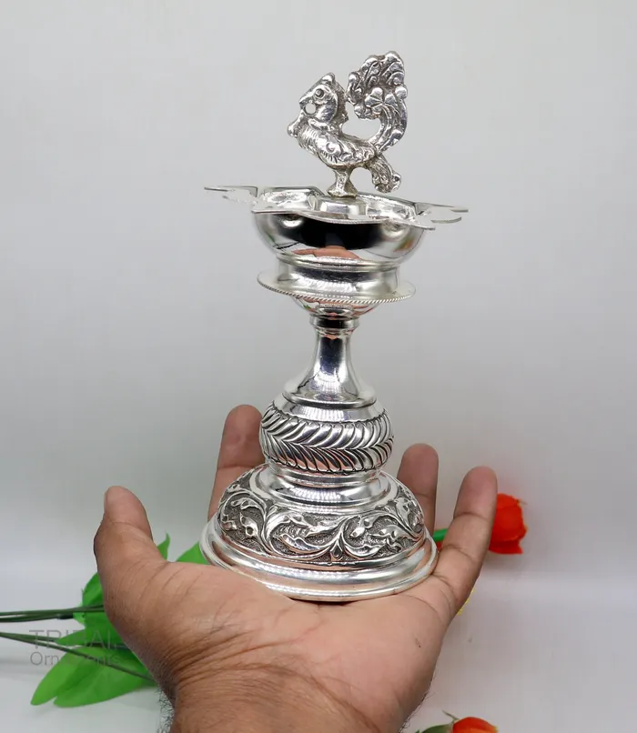 925 sterling silver handcrafted vintage work oil lamp or candle stand silver Deepak silver article puja utensils silver figurine su587 TRIBAL ORNAMENTS Rings