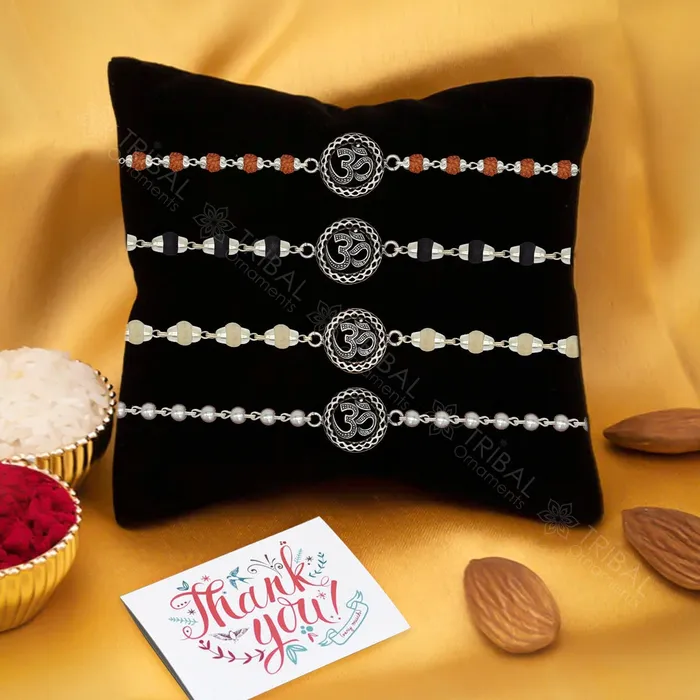925 sterling silver handmade Aum ot OM design Rakhi bracelet amazing Rudrakshablack and wihte Tulsi beaded bracelet delicate jewelry rk252 TRIBAL ORNAMENTS Bracelets 925 sterling silver handmade Aum ot OM design Rakhi bracelet amazing Rudrakshablack and wihte Tulsi beaded bracelet delicate jewelry rk252 TRIBAL ORNAMENTS Bracelets
